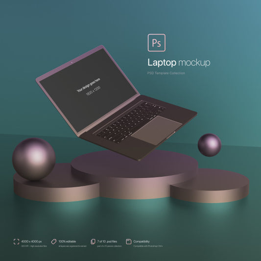 Free Laptop Floating In An Abstract Environment Mockup Psd