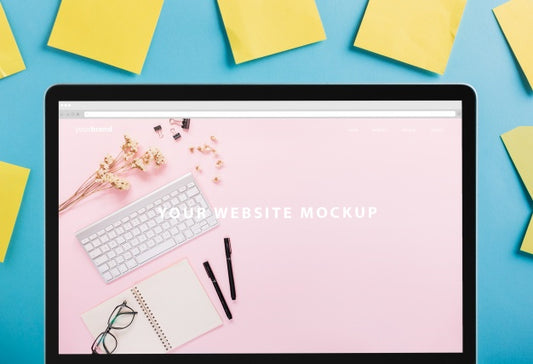 Free Laptop Mockup With Post Its Psd