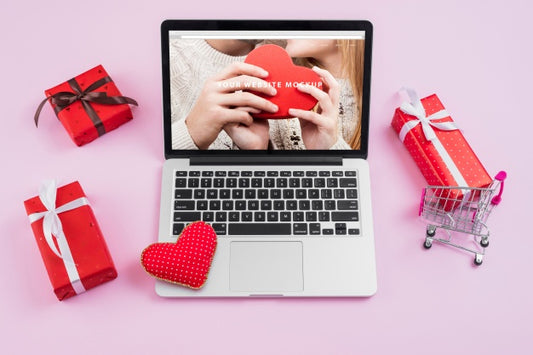 Free Laptop Mockup With Valentines Day Elements Psd
