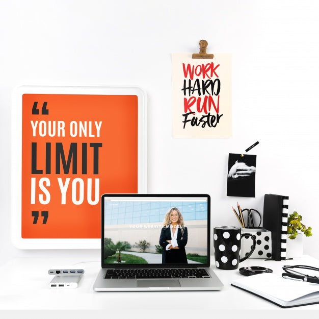 Free Laptop Mockup With Workspace Composition Psd