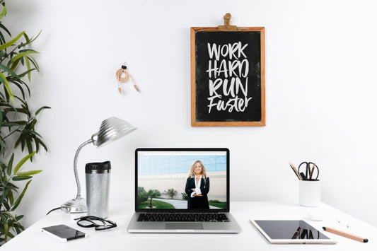 Free Laptop Mockup With Workspace Composition Psd