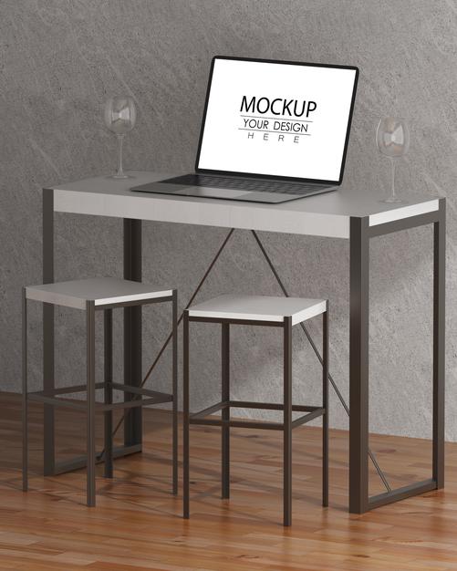 Free Laptop On Desk In Work Space Psd Mockup Psd
