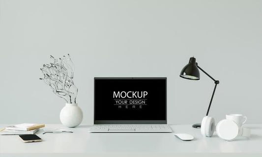 Free Laptop On Desk In Workspace Mockup Psd