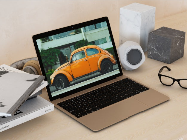 Free Laptop On Desktop Perspective Mock Up Psd