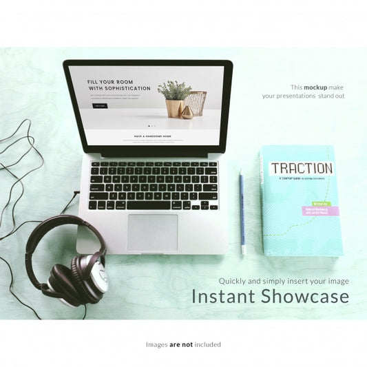 Free Laptop With Headphones And Notebook Mock Up Psd