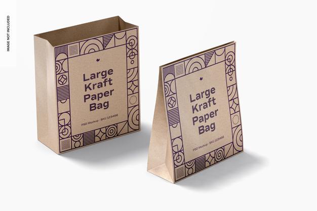 Free Large Kraft Paper Bags Mockup, Opened And Closed Psd