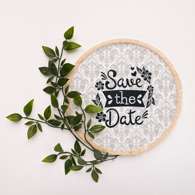 Free Leaves With Circular Frame Save The Date Mock-Up Psd
