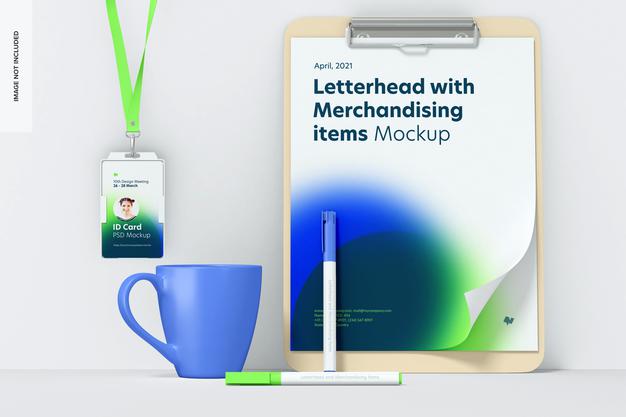 Free Letterhead And Merchandising Items Mockup, Front View Psd