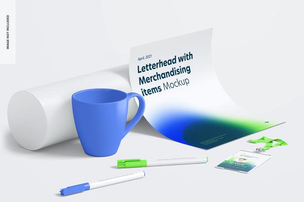 Free Letterhead And Merchandising Items Mockup, Side View Psd