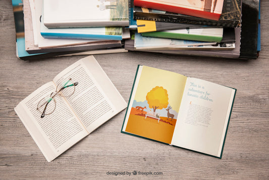 Free Literature Mockup With Reading Glasses Psd