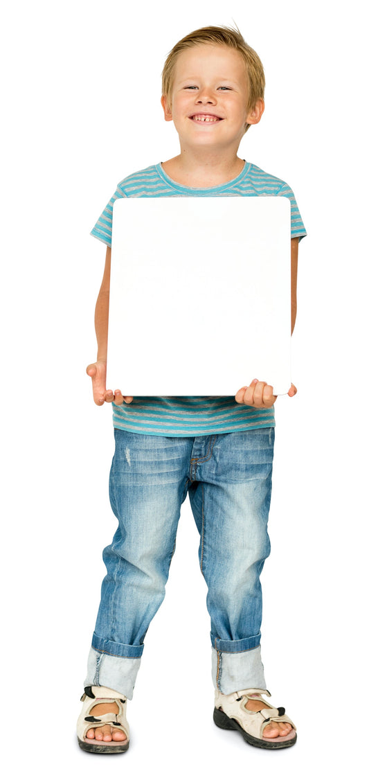 Free Little Boy Holding Blank Paper Board Studio Portrait