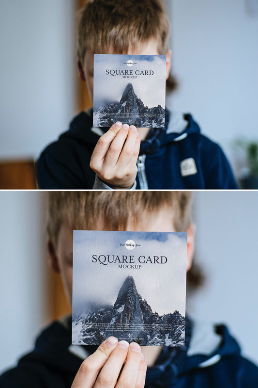 Free Little Boy Showing Square Card Mockup Psd