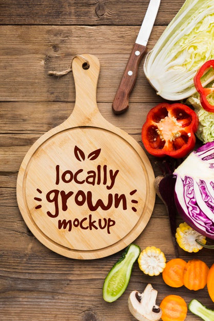 Free Locally Grown Veggies Mock-Up And Cutting Board Psd