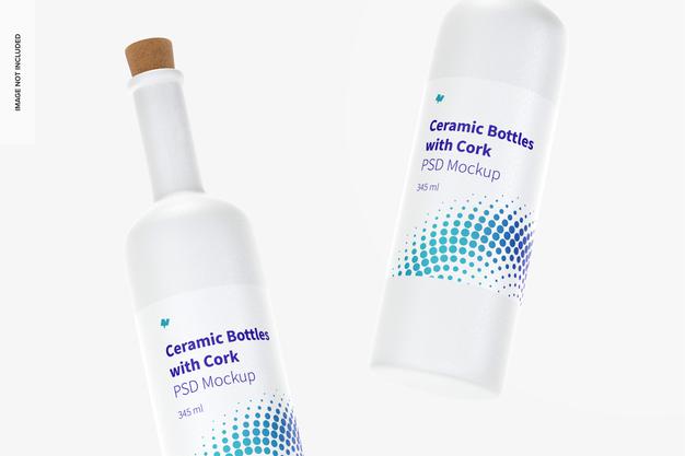 Free Long Neck Ceramic Bottles With Cork Mockup, Floating Psd