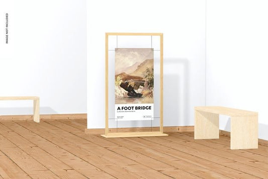 Free Long Wood Gallery Poster Display Mockup, Front View Psd