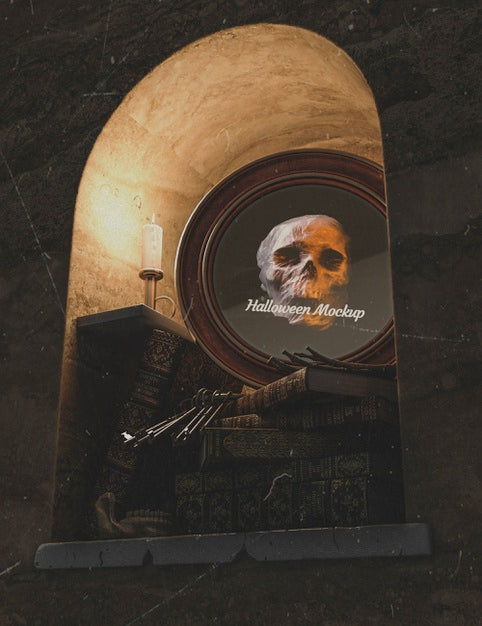 Free Low View Halloween Round Frame With Skull And Pile Of Books Psd