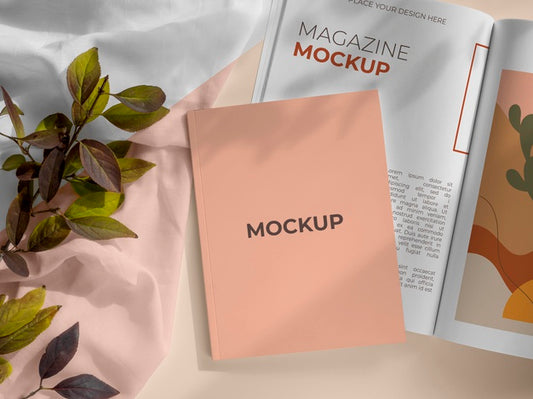 Free Magazine And Leaves Mockup Above View Psd