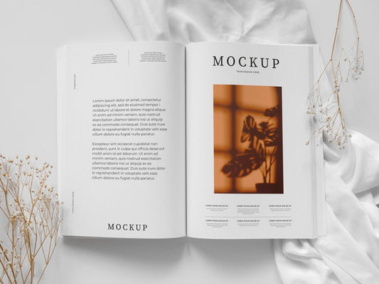 Free Magazine And Plant Mockup Above View Psd