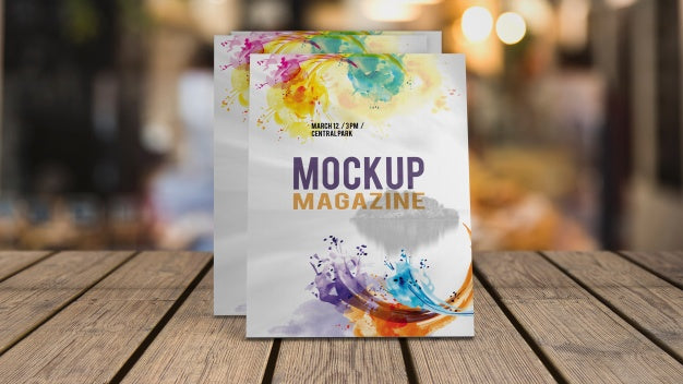 Free Magazine Mockup On Wooden Table Psd