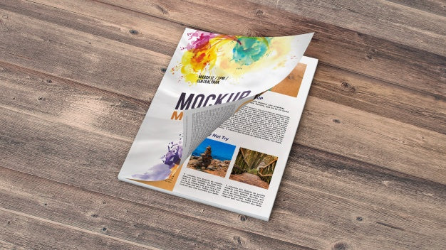 Free Magazine Mockup On Wooden Table Psd