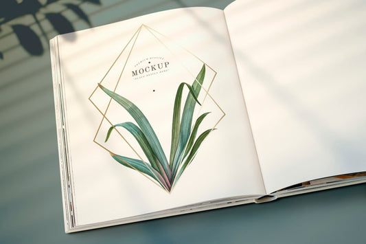 Free Magazine Mockup With Leaves And Golden Frame Psd