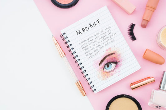 Free Make-Up Cosmetics Arrangement With Notepad Mock-Up Psd