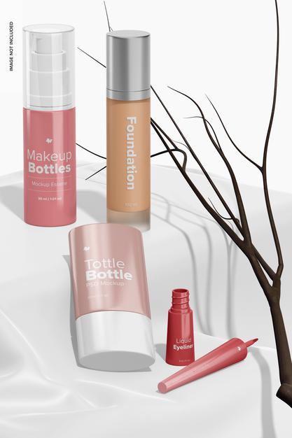 Free Makeup Bottles Scene Mockup, Standing And Dropped Psd