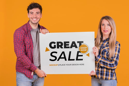 Free Man And Woman Holding A Sign Concept Mock-Up Psd