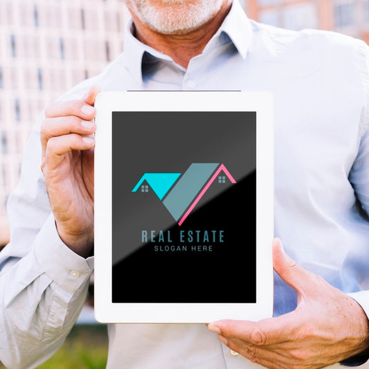 Free Man Holding A Tablet Mock-Up With A Real Estate Business Psd