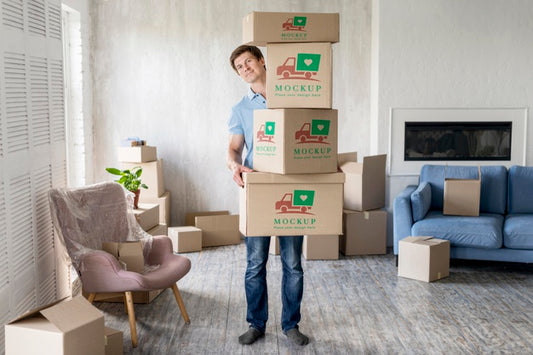 Free Man Holding Boxes With Objects In His New House Long View Psd
