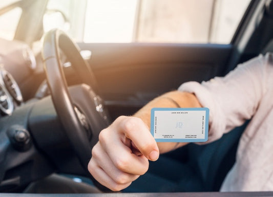 Free Man In Car With Business Card Mockup Psd