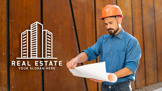 Free Man Looking At Plans With Hard Hat Psd