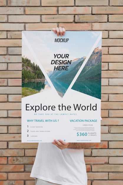 Free Man Presenting Poster Mockup In Front Of Brick Wall Psd
