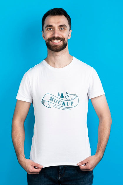 Free Man Showing Mock-Up Shirt Front View Psd