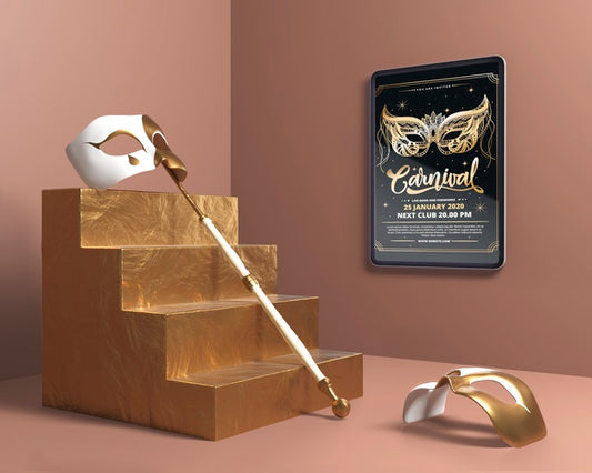 Free Mask With Stick On Golden Stairs Mock-Up Psd