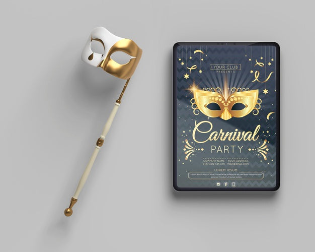 Free Masquerade Party Mock-Up And Mask On Stick Psd