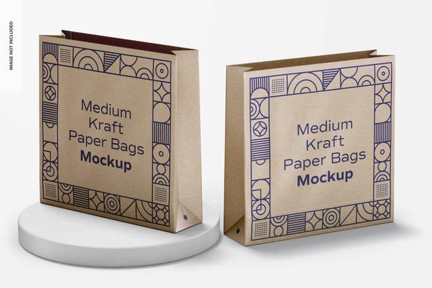 Free Medium Kraft Paper Bags Mockup, Perspective Psd