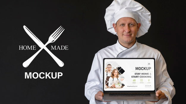 Free Medium Shot Chef Holding Laptop Psd