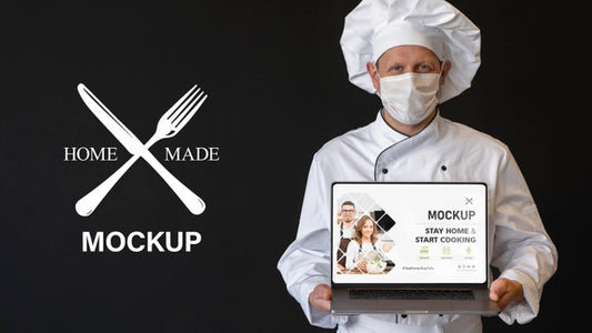 Free Medium Shot Chef With Mask Holding Laptop Psd