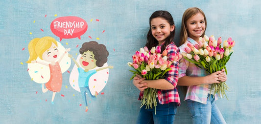 Free Medium Shot Girls Holding Bouquets Of Flowers Mock-Up Psd