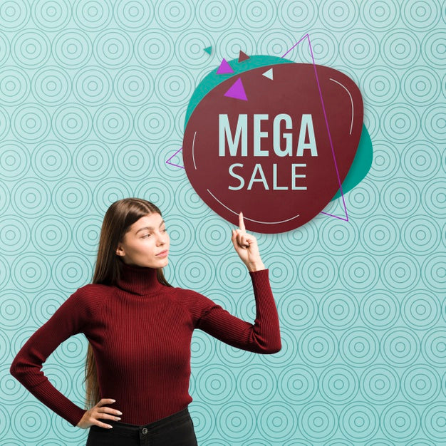 Free Medium Shot Woman Pointing At Mega Sale Psd