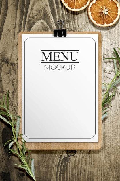 Free Menu Sheet On Wood Table Mockup Psd