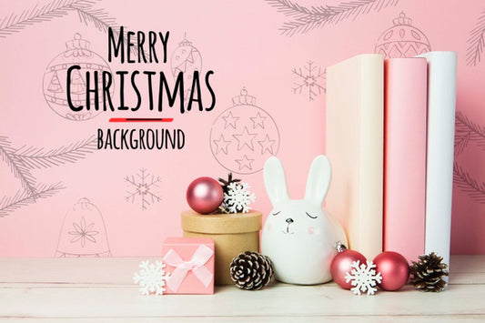 Free Merry Christmas Background Arrangements With Books And Ornaments Psd