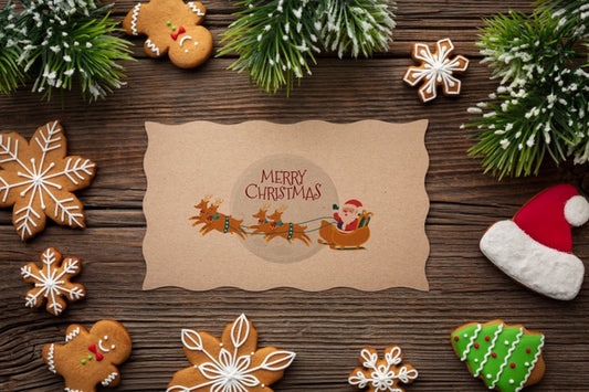 Free Merry Christmas Mock-Up And Candies And Christmas Pine Leaves Psd