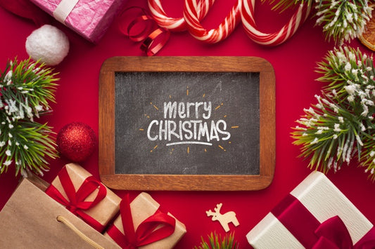 Free Merry Christmas On Chalkboard And Christmas Red Background Psd