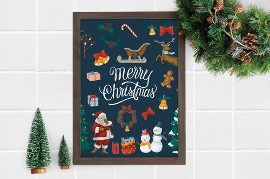 Free Merry Christmas Poster In A Frame Mockup Psd