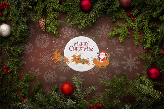 Free Merry Christmas With Santa And Christmas Pine Leaves Psd