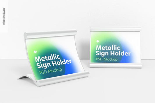 Free Metallic Table Sign Holders Mockup, Left View Psd