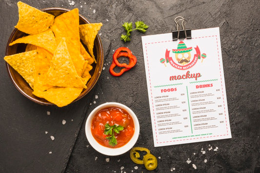 Free Mexican Menu Next To Tortilla Chips And Sauce Psd