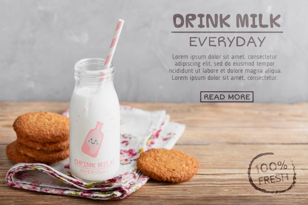 Free Milk Bottle On Table With Cookies Psd